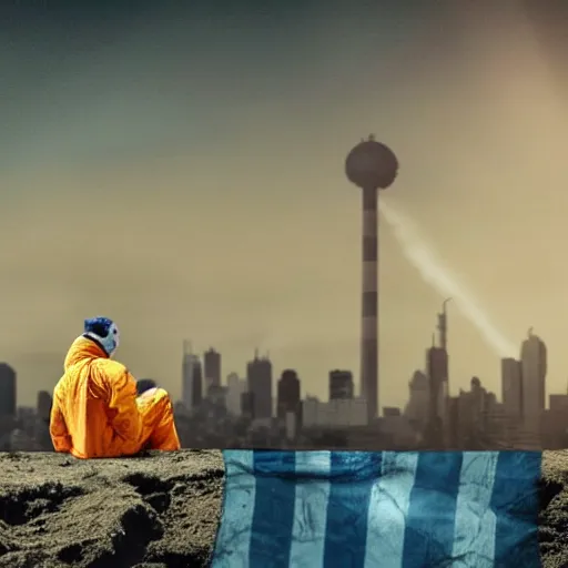 Prompt: a beautiful award-winning photo of the last man on Earth wearing a hazmat suit sitting near the flag of Argentina, serene idyllic post-nuclear background, a mirage of a skyline of a destroyed city, volumetric lighting, very high quality, extremely detailed, subtle visual noise, 8K