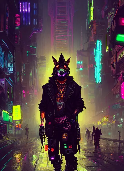 Image similar to anthropomorphic coyote character wearing black cyberpunk skater clothes with neon highlights in a cyberpunk city. Renowned character illustration by greg rutkowski, thomas kindkade, alphonse mucha, loish, norman rockwell. Trending on artstation 4k. Highly detailed. Digital art.