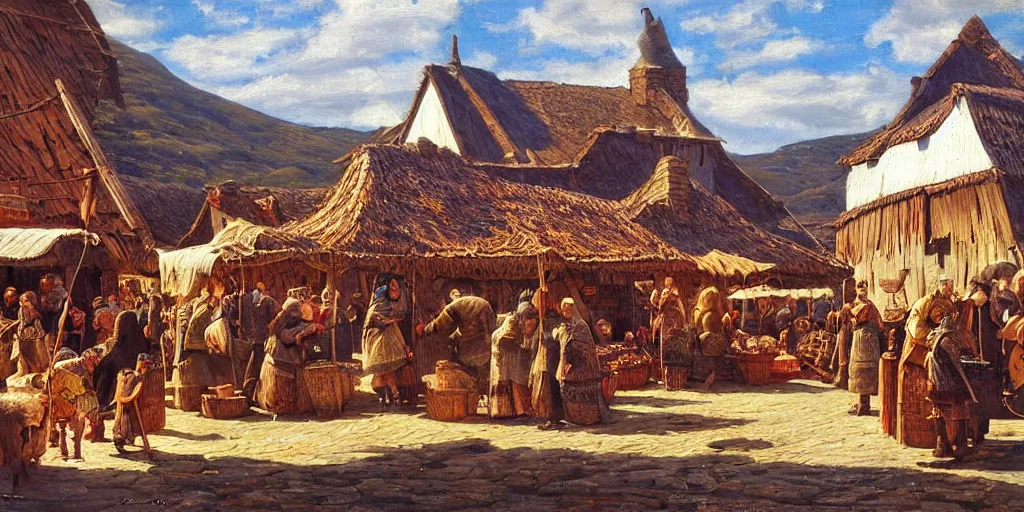 Prompt: Highly detailed viking period oil painting of aviking market, strong atmosphere, oil painting masterpiece by Josep Tapiró Baró, symmetry, fractals