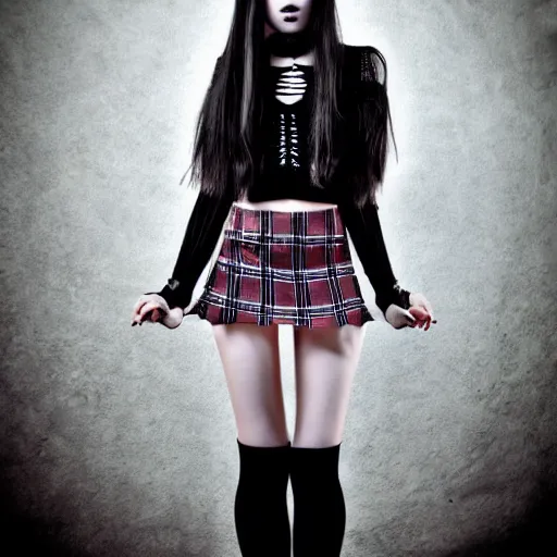 Image similar to gothic teen girl in plaid mini skirt and crop top, beautiful face, intricate, extremely detailed, modeling photography, 8 0 mm camera, dramatic lighting, dark room