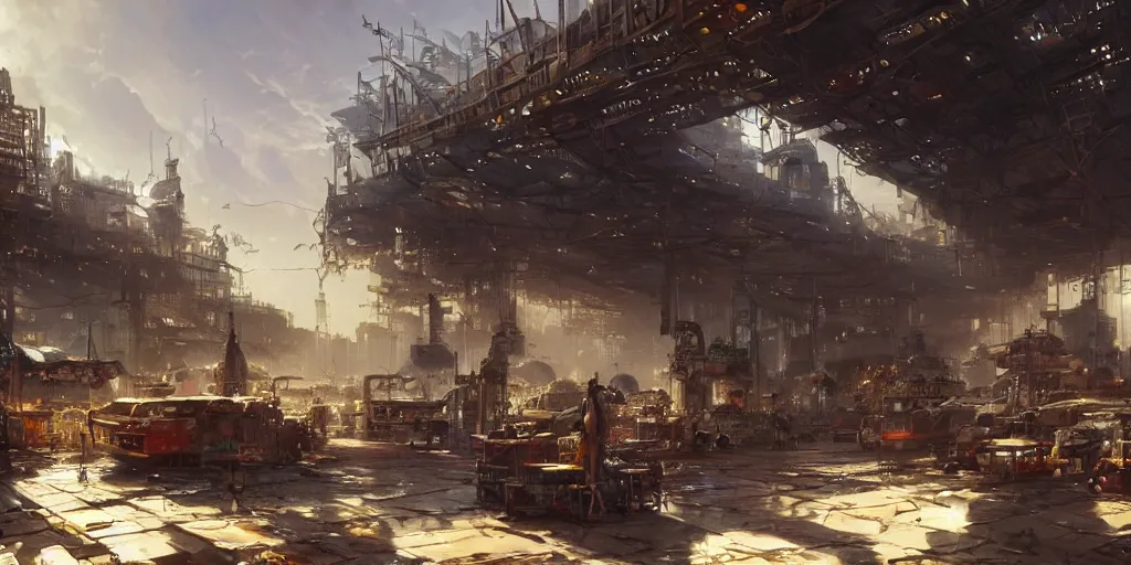 Prompt: screenshot of a marketplace in a honeycombed makeshift city, dappled light, colossal arcing metal megastructures high in the sky, beautiful, awe inspiring, fps, by james gurney, greg rutkowski, sparth, cinematography, cinematic masterpiece