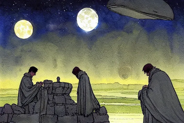 Image similar to a realistic and atmospheric watercolour fantasy concept art of a ufo landing in a floating stonehenge. medieval monk in grey robes is on his knees praying. a large crescent moon in the sky. muted colors. by rebecca guay, michael kaluta, charles vess and jean moebius giraud