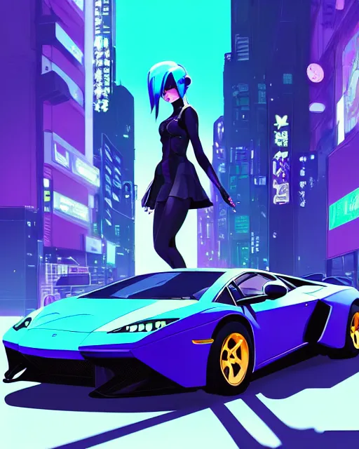 Image similar to digital illustration of cyberpunk pretty girl with blue hair, standing in front of a purple lamborghini, in city street at night, by makoto shinkai, ilya kuvshinov, lois van baarle, rossdraws, basquiat