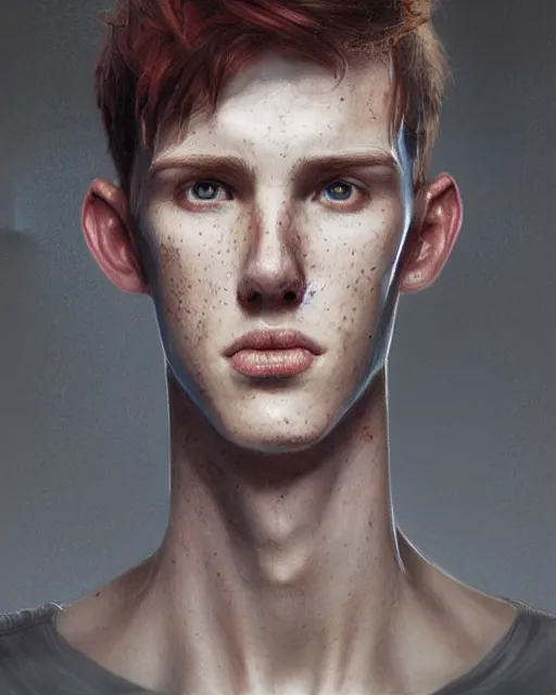 Image similar to portrait of tall, thin, 1 5 - year - old boy with a long nose, a lot of freckles, fiery red hair, and bright blue eyes, hyper realistic face, beautiful eyes, fantasy art, in the style of greg rutkowski, intricate, hyper detailed, smooth