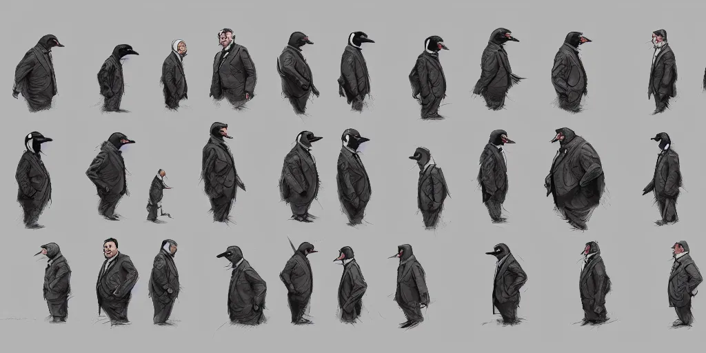 Prompt: the penguin cobblepot, character sheet, concept design, contrast, kim jung gi, greg rutkowski, zabrocki, karlkka, jayison devadas, trending on artstation, 8 k, ultra wide angle, pincushion lens effect