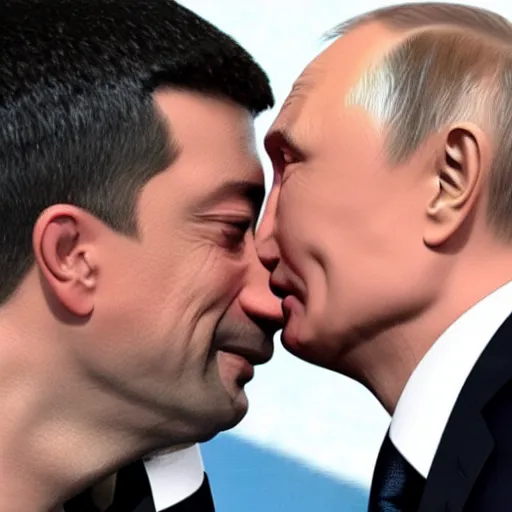 Prompt: Vladimir Putin kissing Zelensky ultra realistic