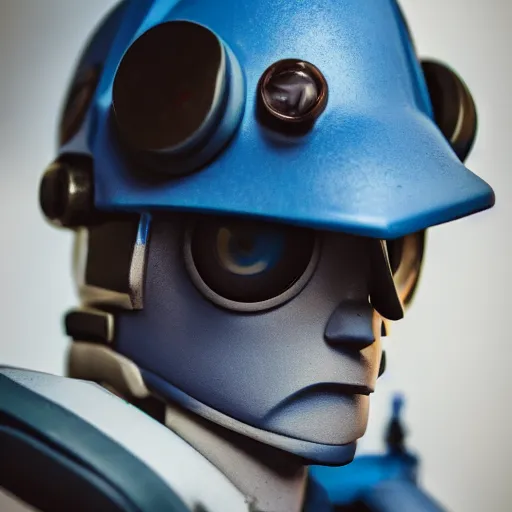 Prompt: close up of face of tf 2 blue spy, live action movie, 8 5 mm f / 1. 4