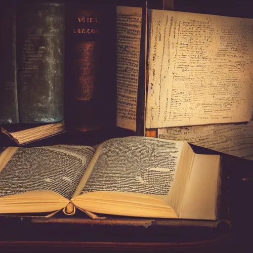 Prompt: a closeup of a closed book sitting on a desk. beside the book is an ancient scroll map of an island. dark, single light, vignette, magic, fantasy