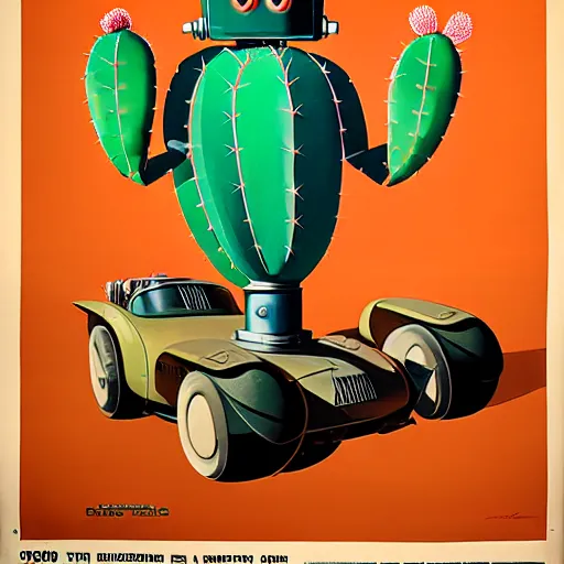 Prompt: 1950s retro cactus robot movie poster. Bionic Arms and eyes. muted colours. by Jean-Baptiste Monge, wide shot