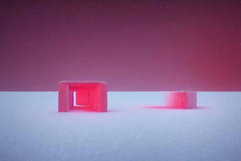 Image similar to a red tesseract buried in snow, surreal frozen landscape, 8 k, cinematic lighting, by beeple and zdzisław beksinski