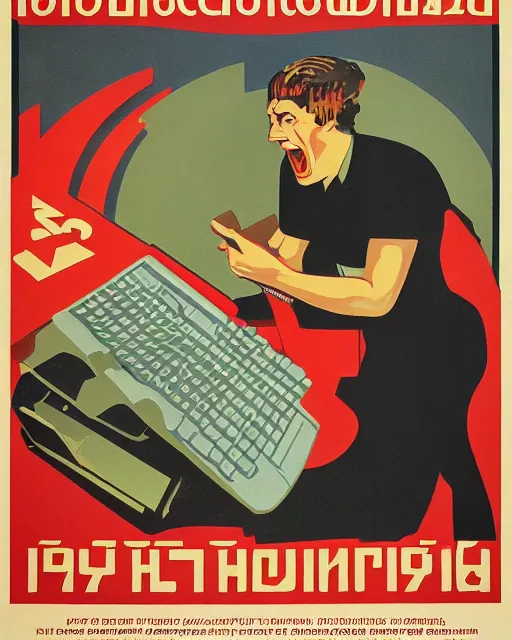 Prompt: Soviet Russia propaganda poster of a programer yelling at computer