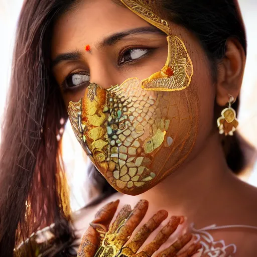 Prompt: medium shot of a brown south asian woman wearing a butterfly armor. eyes covered with butterfly wings. soft. ethereal. fragile. translucent. layers. reflective. intricate. super detailed. very coherent. face in focus. award winning. extremely photorealistic