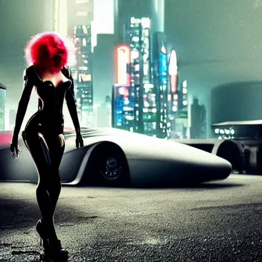 Image similar to a cyberpunk android beautiful woman standing next to a vintage car with large futuristic weaponry, the woman has long flowing hair and bright lipstick. style of blade runner, dark city, twilight zone.