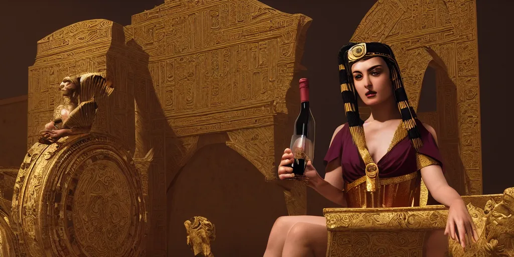 Prompt: Cleopatra drinking wine on her throne, her face is symmetrical hyper-realistic, Unreal Engine, Octane Render, digital art, trending on Artstation, 8k, detailed, atmospheric, immaculate