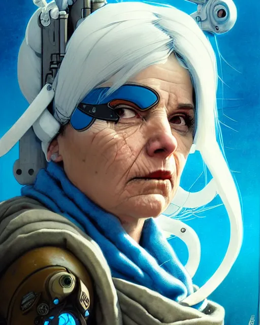 Image similar to ana from overwatch, eye patch, white hair, hooded blue cloak, older woman, character portrait, portrait, close up, concept art, intricate details, highly detailed, vintage sci - fi poster, in the style of chris foss, rodger dean, moebius, michael whelan, and gustave dore