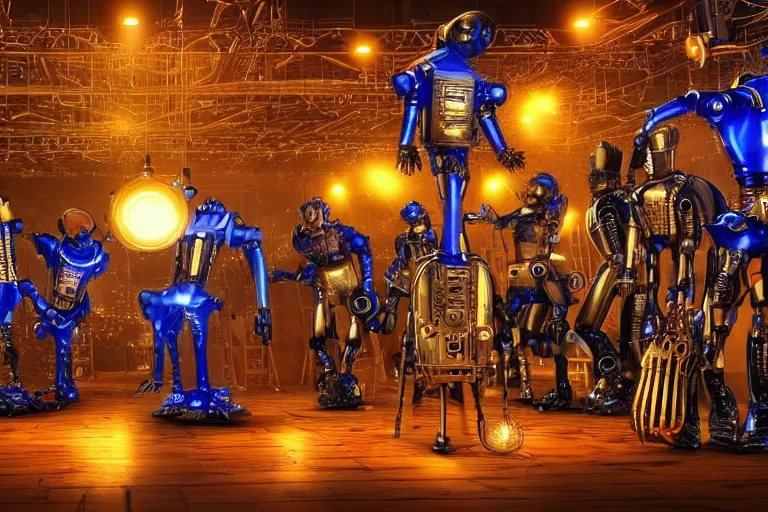 Prompt: scene from the voice of america, on stage are 4 golden and blue metal humanoid steampunk robots dancing wild, robots are wearing golden gears and tubes, eyes are glowing red lightbulbs, shiny crisp finish, 3 d render, 8 k, insaneley detailed, fluorescent colors, nightlight