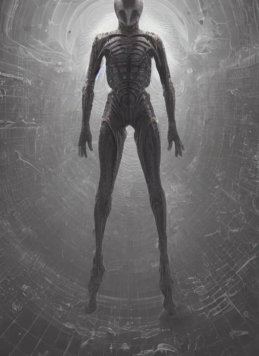 Image similar to alien astronaut in dark void underwater - complex and hyperdetailed technical suit design. reflection and dispersion materials. rays and dispersion of light. volumetric light. f / 3 2. noise film photo. flash photography. ultra realistic, 5 0 mm. poster by wayne barlowe, hajime sorayama aaron horkey, craig mullins