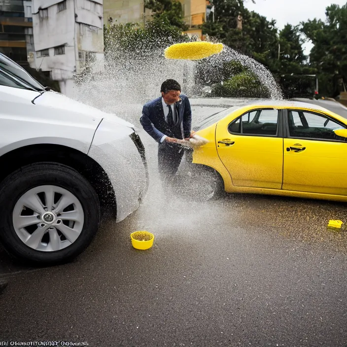 Image similar to a man wearing a suit ( ( washing ) ) a toyota corolla car with a yellow sponge!!!, canon eos c 3 0 0, ƒ 1. 8, 3 5 mm, 8 k, medium - format print