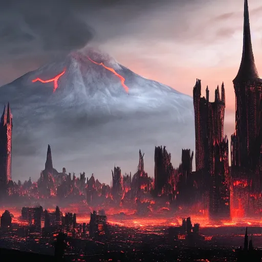 Prompt: mordor as a bustling city, highly detailed, sharp focus, skyline, vast, gothic, lord of the rings, mount doom, 4 k, fantasy, cinematic, dystopian