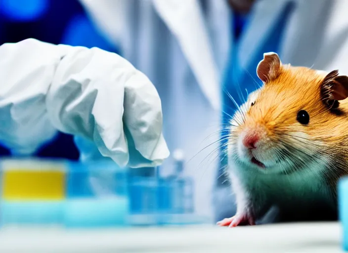 Image similar to film still of a hamster working in a research lab finding the cure for cancer, 8 k