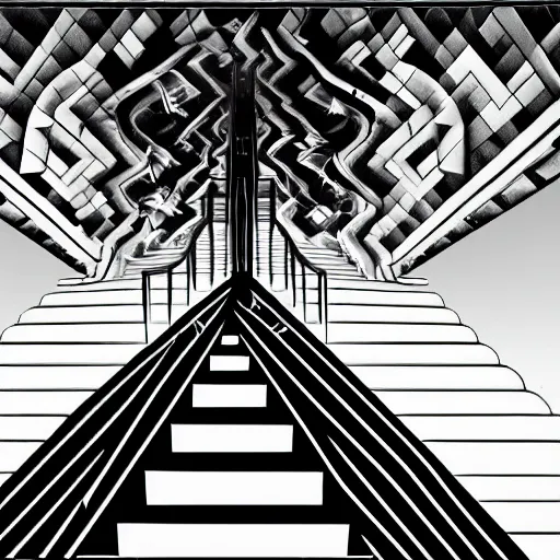 Image similar to A black and white freemasonic chequered surrealist digital painting of a stairway to into the clouds in the art style of jeff koons, Gilbert williams, Edwin Frederic Church and Christopher Balaskas, trending on artstation, 4k UHD