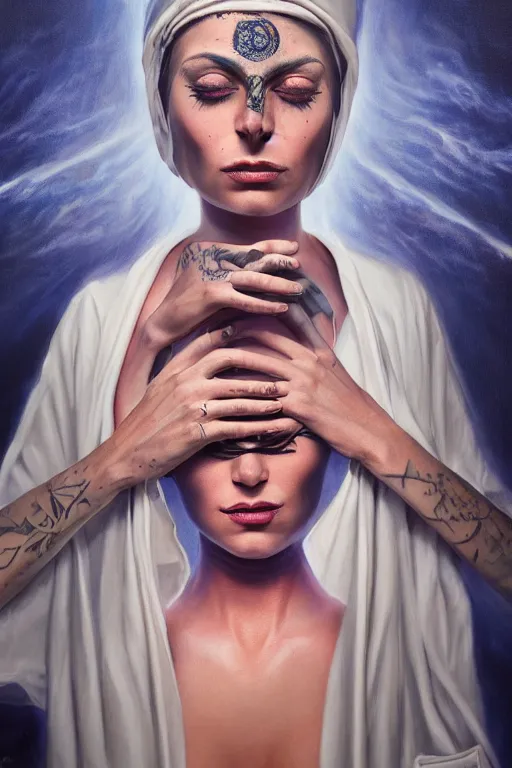 Image similar to transcendental meditation robed cult woman, tattoos, opening third eye, chakra energy waves resonating from her body, ethereal aura, epic surrealism 8k oil painting, portrait, perspective, high definition, post modernist layering, by Peter Kemp