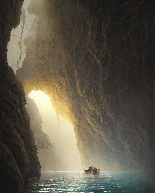 Image similar to painting of a man in a boat in a cave, a detailed matte painting by john howe, cgsociety, fantasy art, matte painting, lovecraftian horror, fantasy