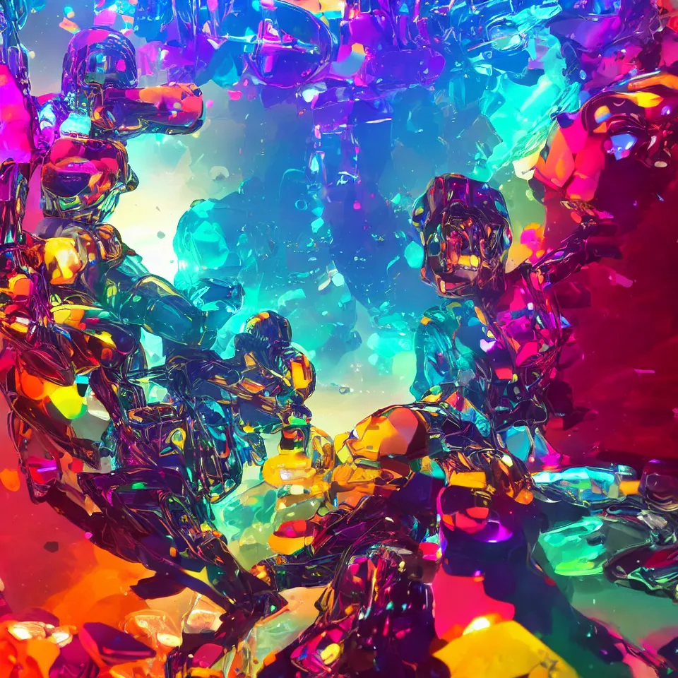 Prompt: of a giant sugar cube melting into a pool of rainbow liquid trending on artstation with a blend of manga-style art, augmented with vibrant composition and color, all filtered through a cybernetic lens, studio lighting, lit by flashing pixel light, cinematic lightning, medium shot, mid-shot, highly detailed, trending on artstation, Unreal Engine 4k, cinematic