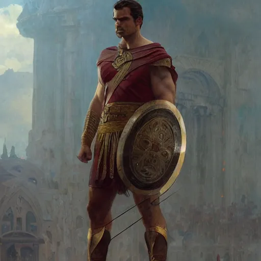 Image similar to henry cavill as a greek gladiator, gorgeous, amazing, muscular, intricate, highly detailed, digital painting, artstation, concept art, sharp focus, illustration, art by greg rutkowski and alphonse mucha