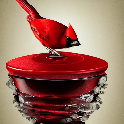 Prompt: a photorealistic photograph of a red Cardinal bird swimming inside of an Armagnac decanter at an upscale polo lounge Trending on Artstation, featured on Behance, well-rendered, Unreal Engine, 4K HD