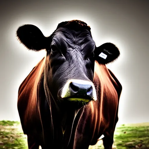 Image similar to low quality photograph of a cow looking at the camera at night, dark, creepy mood, dark forest, low lighting