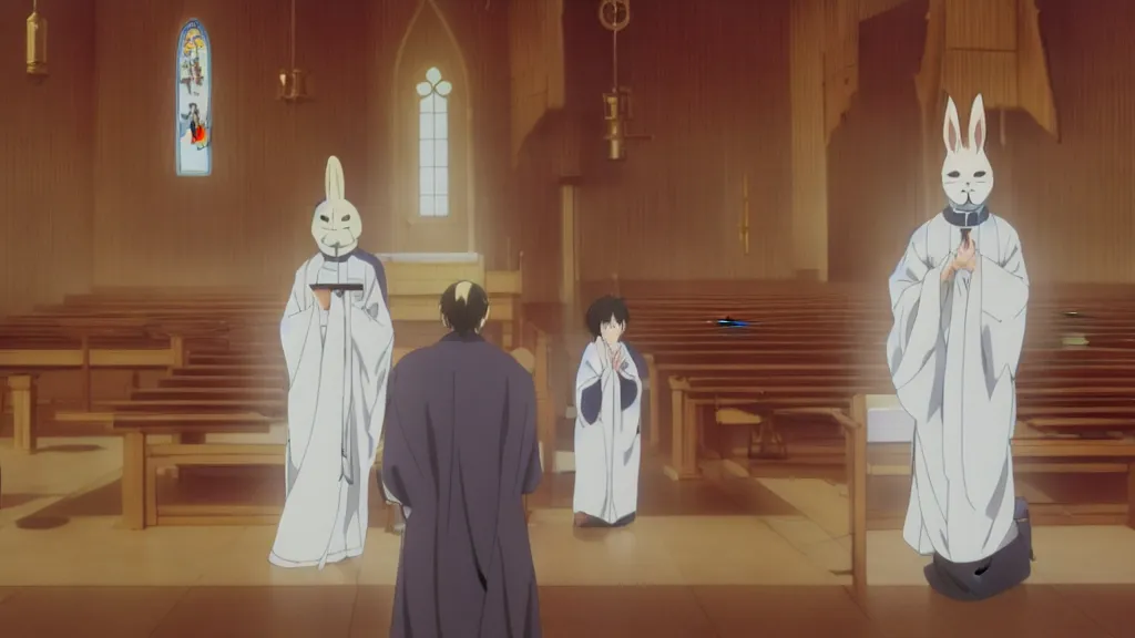 Image similar to a man wearing priest clothes and a white rabbit mask standing in an Japanese church, anime film still from the an anime directed by Katsuhiro Otomo with art direction by Salvador Dalí, wide lens