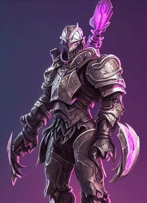 Prompt: a highly detailed illustration of fantasy cyber knight with machine gun arms, rigid bulky armor, purple glowing core in armor, dramatic standing pose, intricate, elegant, highly detailed, centered, digital painting, artstation, concept art, smooth, sharp focus, league of legends concept art, WLOP