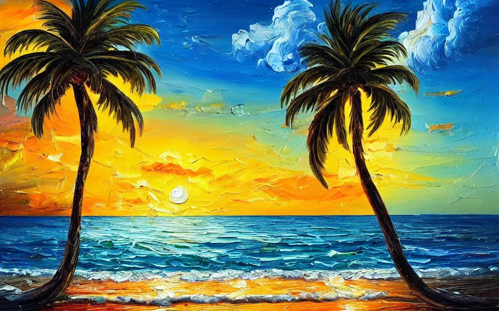 Image similar to in a big sea is a tiny island with a cute cozy cottage on it with a terrace, a paved courtyard with benches and string lights, palm trees, sunset, puffy clouds, dramatic and dynamic lighting, thick brush strokes oil impasto painting