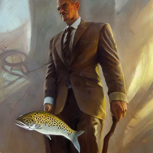 Image similar to A beautiful oil painting of a lawyer in court holding a trout, by Lucas Graciano, Frank Frazetta, Greg Rutkowski, Boris Vallejo, epic fantasy character art, Exquisite detail, post-processing, low angle, masterpiece, cinematic