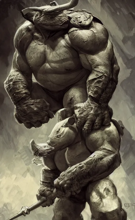 Image similar to rocksteady from tmnt, rhino, rugged, handsome, male, atmospheric lighting, amazing, full body, thighs, armpit, flowers, muscular, intricate, highly detailed, digital painting, deviantart, concept art, sharp focus, illustration, art by greg rutkowski and alphonse mucha