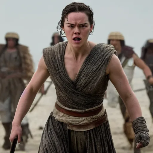 Prompt: film still of daisy ridley in gladiator, angry face, depth of field, mid full shot