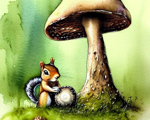 Prompt: a cute little squirrel standing under a huge mushroom, hiding from the rain, watercolor painting by jean - baptiste monge, muted colors