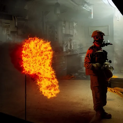 Prompt: soldier with toaster oven augmentation, dark messy smoke - filled cluttered workshop, dark, dramatic lighting, orange tint, sparks, cinematic, highly detailed, sci - fi, futuristic, movie still