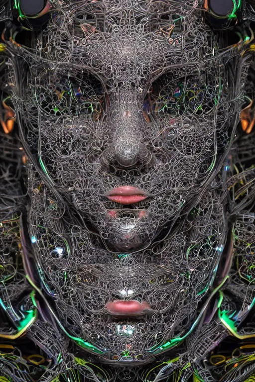 Image similar to a melancholic realistic 8k sculpture of a complex robotic human face, liquid metal simulation, bright psychedelic neon colors, dark dramatic lighting, hexagonal mesh wire, filigree intricate details, cinematic, fleshy musculature, white blossoms, elegant, 50mm lens, DOF, octane render, art nouveau, 8k post-processing, intricate art by Eddie Mendoza