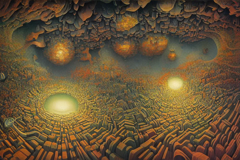 Image similar to hyper detailed 3d render like a Oil painting - journey to the center of the earth, by Jacek Yerka, Mariusz Lewandowski, Houdini algorithmic generative render, Abstract brush strokes, Masterpiece, Edward Hopper and James Gilleard, Zdzislaw Beksinski, Mark Ryden, Wolfgang Lettl, hints of Yayoi Kasuma, octane render, 8k