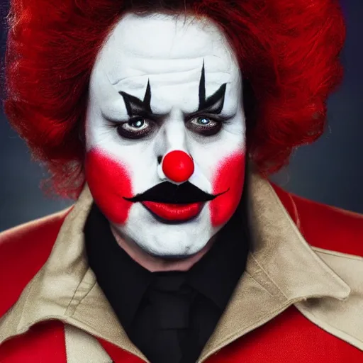 Image similar to UHD candid photo of Justin Trudeau dressed as a henchman, wearing accurate clown makeup, accurate face, UHD, photorealistic, correct face, photo by Annie Leibowitz