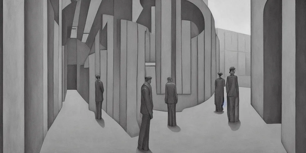 Image similar to first person view of a stark concrete maze, people peering into portholes, grant wood, pj crook, edward hopper, oil on canvas
