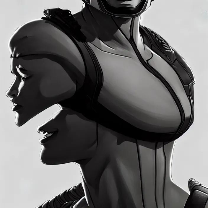 Image similar to cinematic bust portrait, captin falcon from f - zero, head and chest only, desaturated, thawan duchanee, masterpiece, trending on artstation, featured on pixiv, cinematic composition, dramatic pose, beautiful lighting, sharp, details, hyper - detailed, hd, 4 k