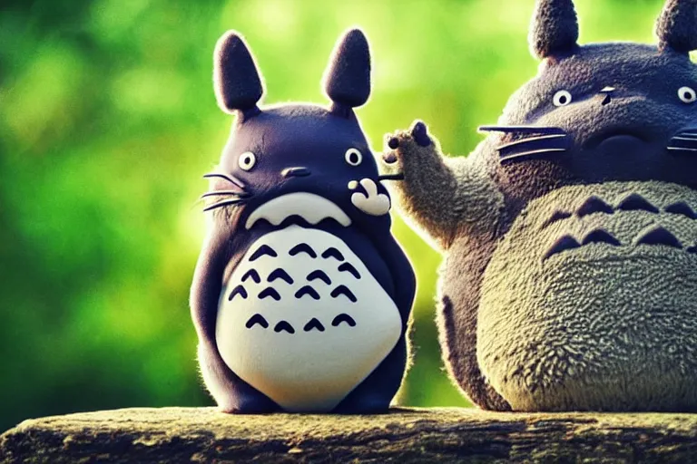 Prompt: real life totoro, cute!!!, happy!!!, chunky!!!, content!!!, mischievous!!!, adorable!!!, fluffy!!!, ultra realistic!!!, golden hour, frog perspective, sharp focus