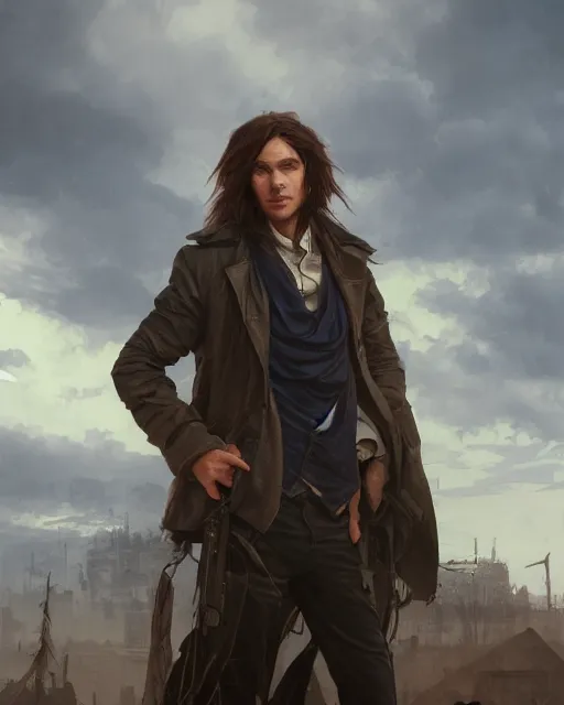 Image similar to portrait, cute young man, long hair, post - apocalyptic, waistcoat, black greatcoat, blue scarf, very detailed, dusk, character illustration, cloudy sky, soft lighting, octane render, greg rutkowski, alphonse mucha, sung choi, 8 k