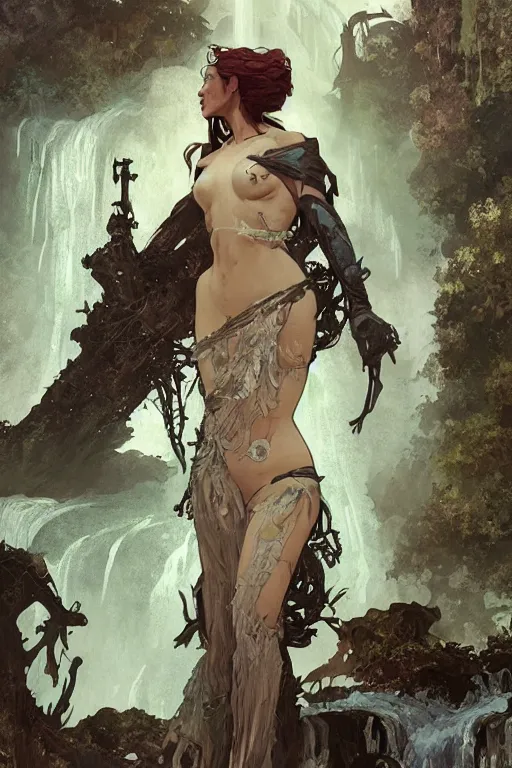 Image similar to a full body portrait of a beautiful post apocalyptic offworld nordic necromancer reclining by the waterfalls, intricate, elegant, highly detailed, digital painting, artstation, concept art, smooth, sharp focus, illustration, art by krenz cushart and artem demura and alphonse mucha