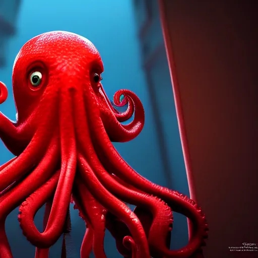 Image similar to portrait of red octopus, sly, cunning, blue background, pixar style animation 3d extremely gloomy lighting, atmospheric, cinematic, detailed illustration unreal Engine, 8K