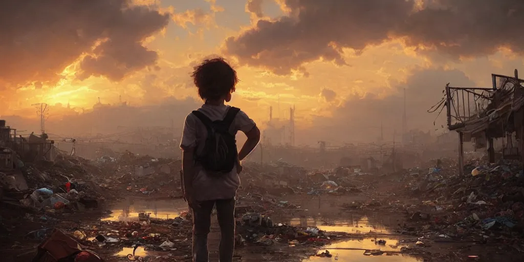 Image similar to poor detailed child with backpack standing at cars looking for food at garbage dump, destroyed cars, city is pure wasteland, moody sunset in background, greg rutkowski, alphonse mucha, trending on artstation, artgerm, unreal engine, breathtaking, award winning, highly detailed