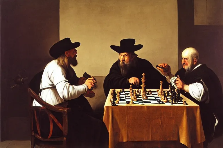 Prompt: baroque portait painting of grim reaper and an old man playing chess in a tavern, by caravaggio and rembrandt and artemisia gentileschi, masterpiece, oil painting, high resolution, very detailed, oil on canvas, trending on artstation